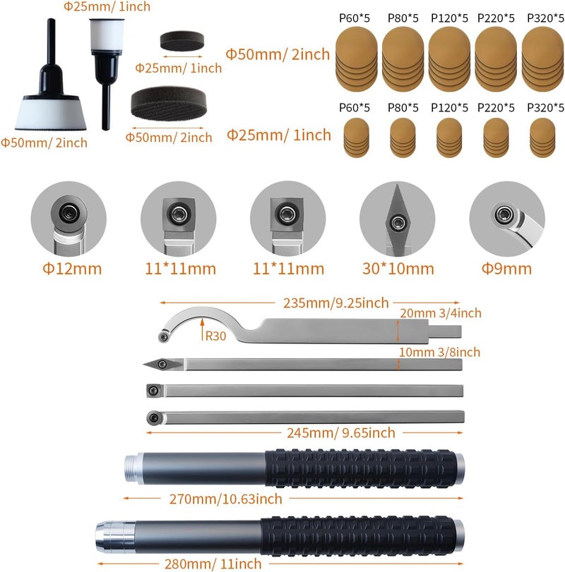 RUITOOL Carbide Wood Lathe Turning Tools Set with Bowl Sander, Including Swan Neck Hollower, Rougher, Finisher, Detailer, 1" & 2" Mandrels, Sandpapers and Aluminum Alloy Handles for Woodturning - Image 4